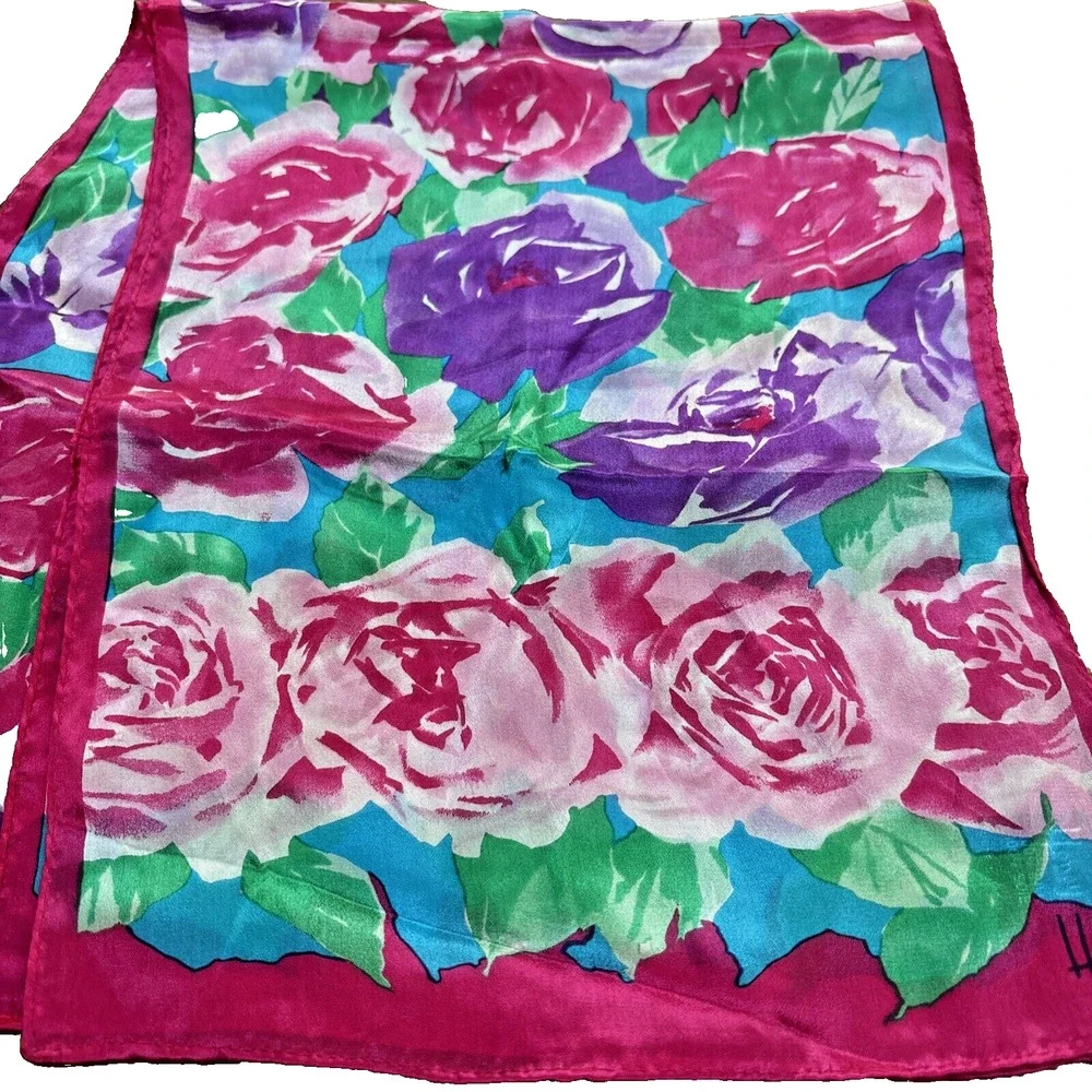 Vintage Honey Pure Silk Scarf Pink Purple Roses Flower Power Blue Green Floral